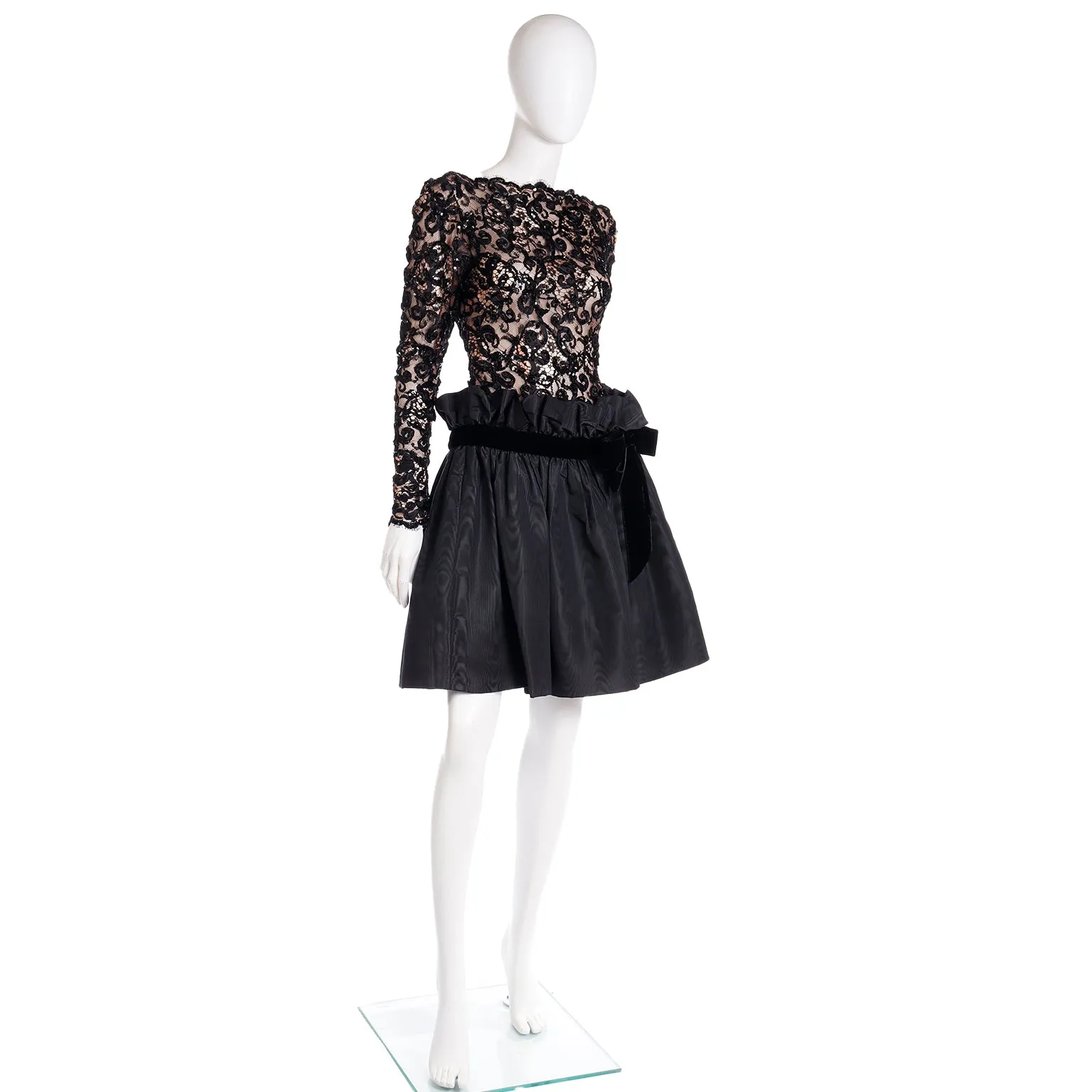 1980s Bob Mackie Black Lace & Sequins Illusion Bodice Vintage Dress w/ Paper Bag Waist