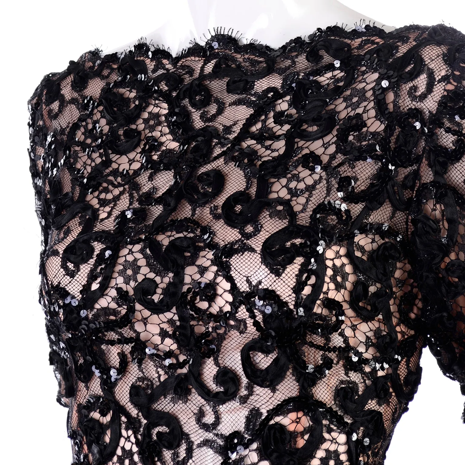 1980s Bob Mackie Black Lace & Sequins Illusion Bodice Vintage Dress w/ Paper Bag Waist