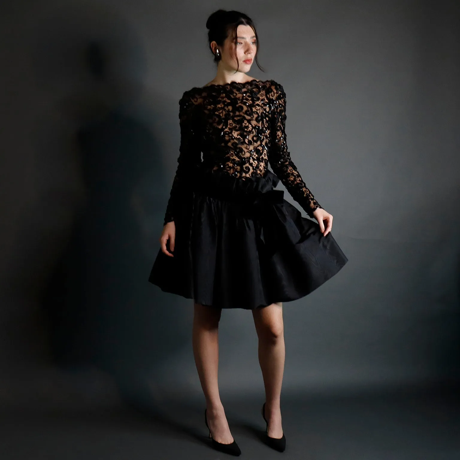 1980s Bob Mackie Black Lace & Sequins Illusion Bodice Vintage Dress w/ Paper Bag Waist