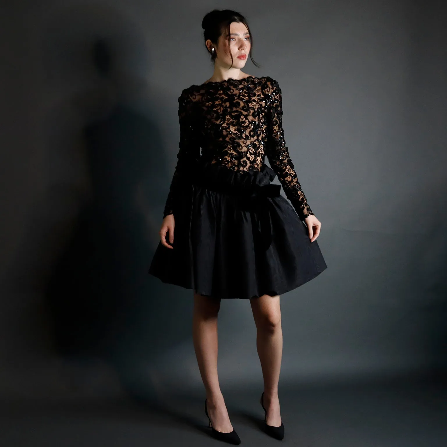 1980s Bob Mackie Black Lace & Sequins Illusion Bodice Vintage Dress w/ Paper Bag Waist