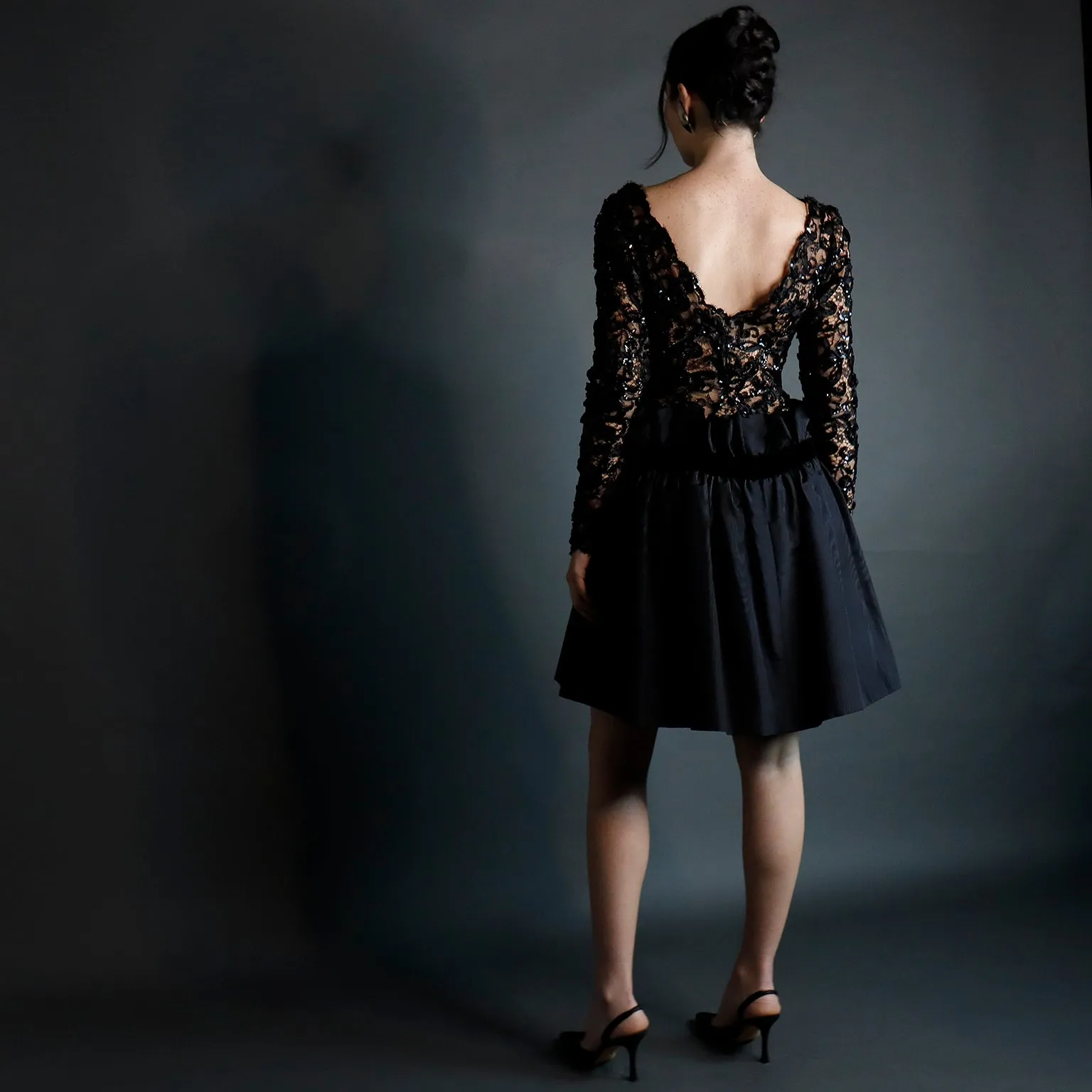 1980s Bob Mackie Black Lace & Sequins Illusion Bodice Vintage Dress w/ Paper Bag Waist
