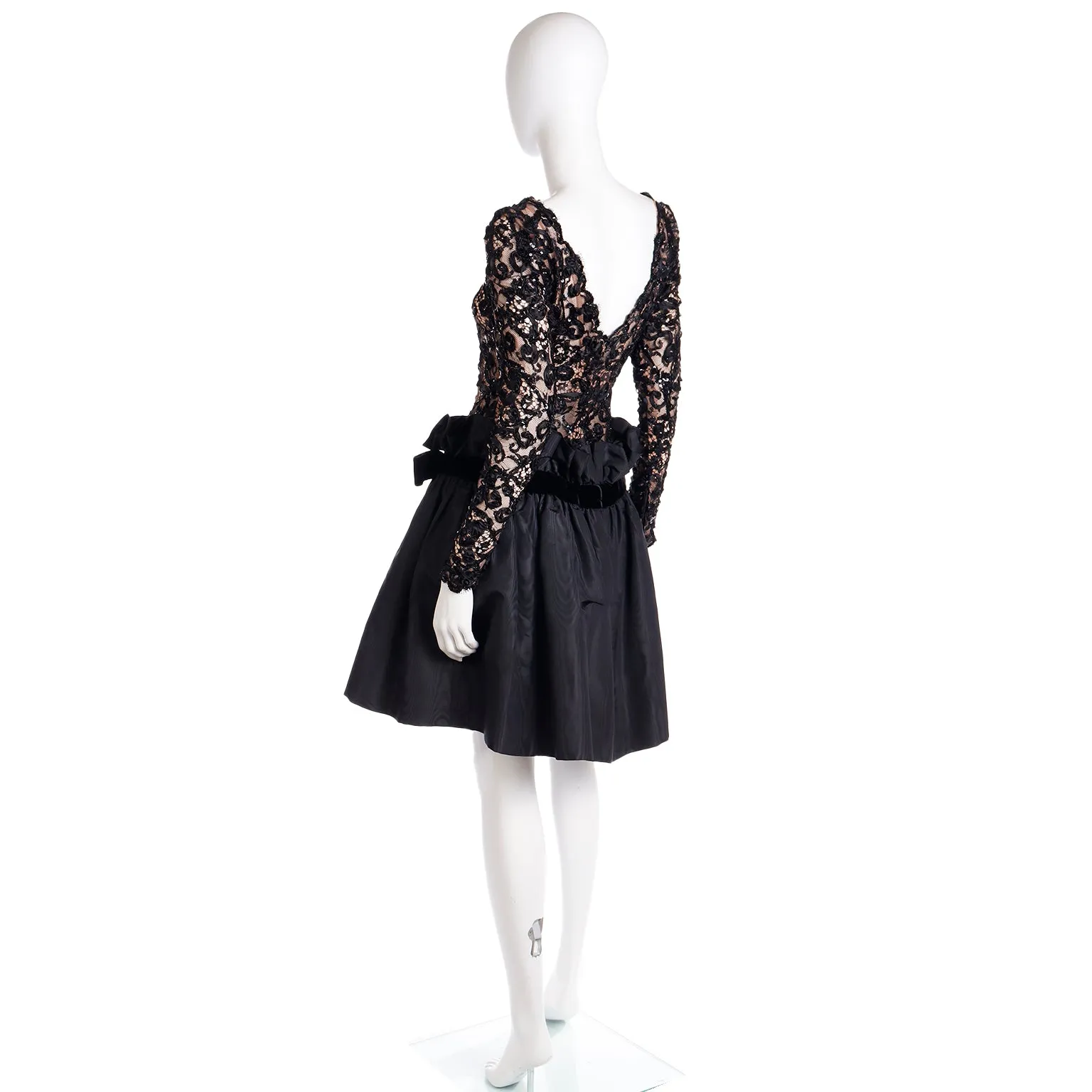 1980s Bob Mackie Black Lace & Sequins Illusion Bodice Vintage Dress w/ Paper Bag Waist
