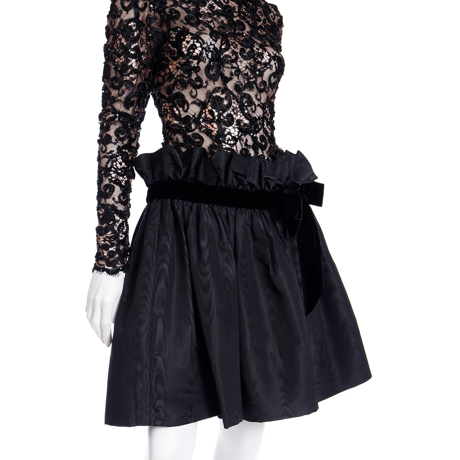 1980s Bob Mackie Black Lace & Sequins Illusion Bodice Vintage Dress w/ Paper Bag Waist