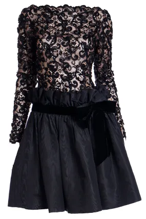 1980s Bob Mackie Black Lace & Sequins Illusion Bodice Vintage Dress w/ Paper Bag Waist