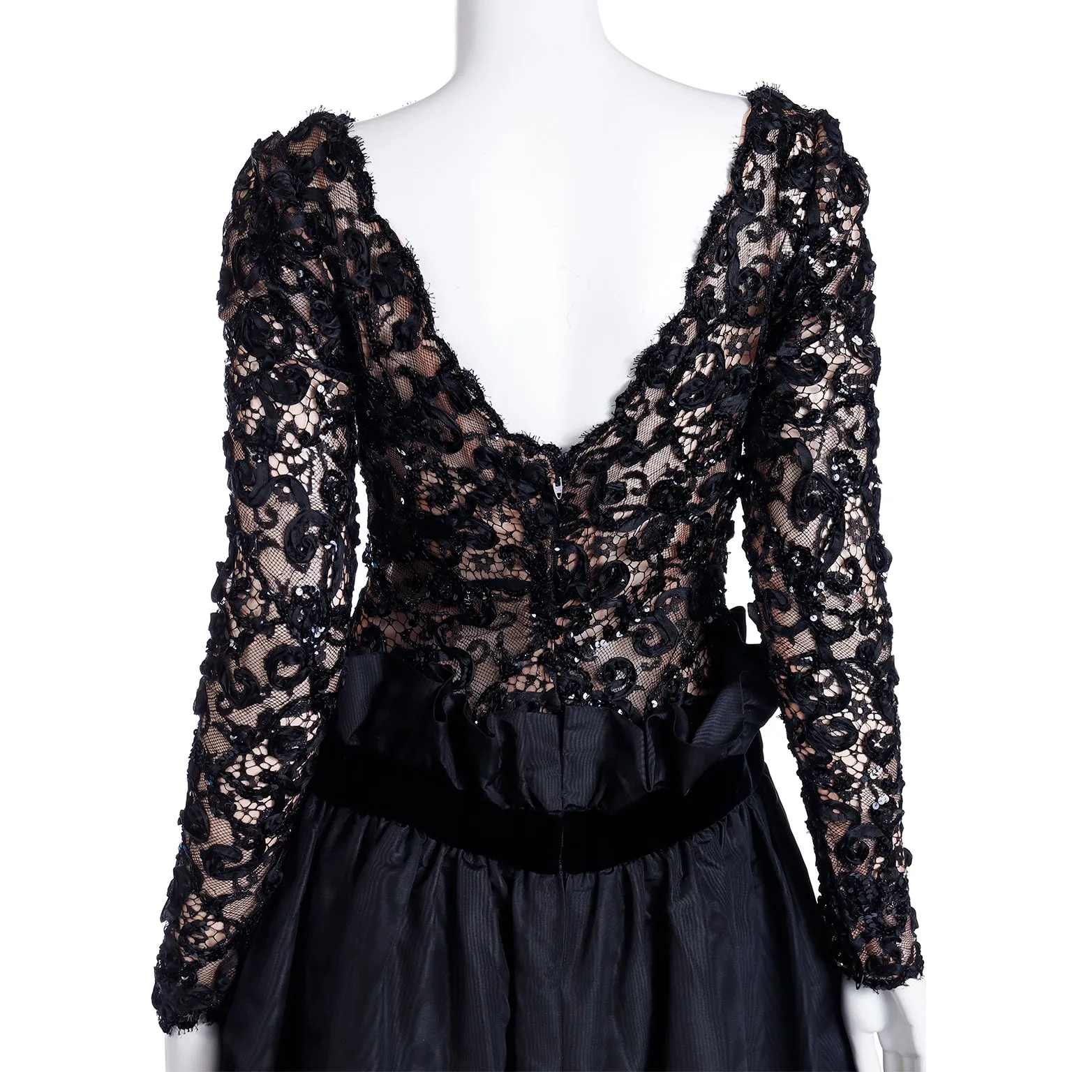 1980s Bob Mackie Black Lace & Sequins Illusion Bodice Vintage Dress w/ Paper Bag Waist