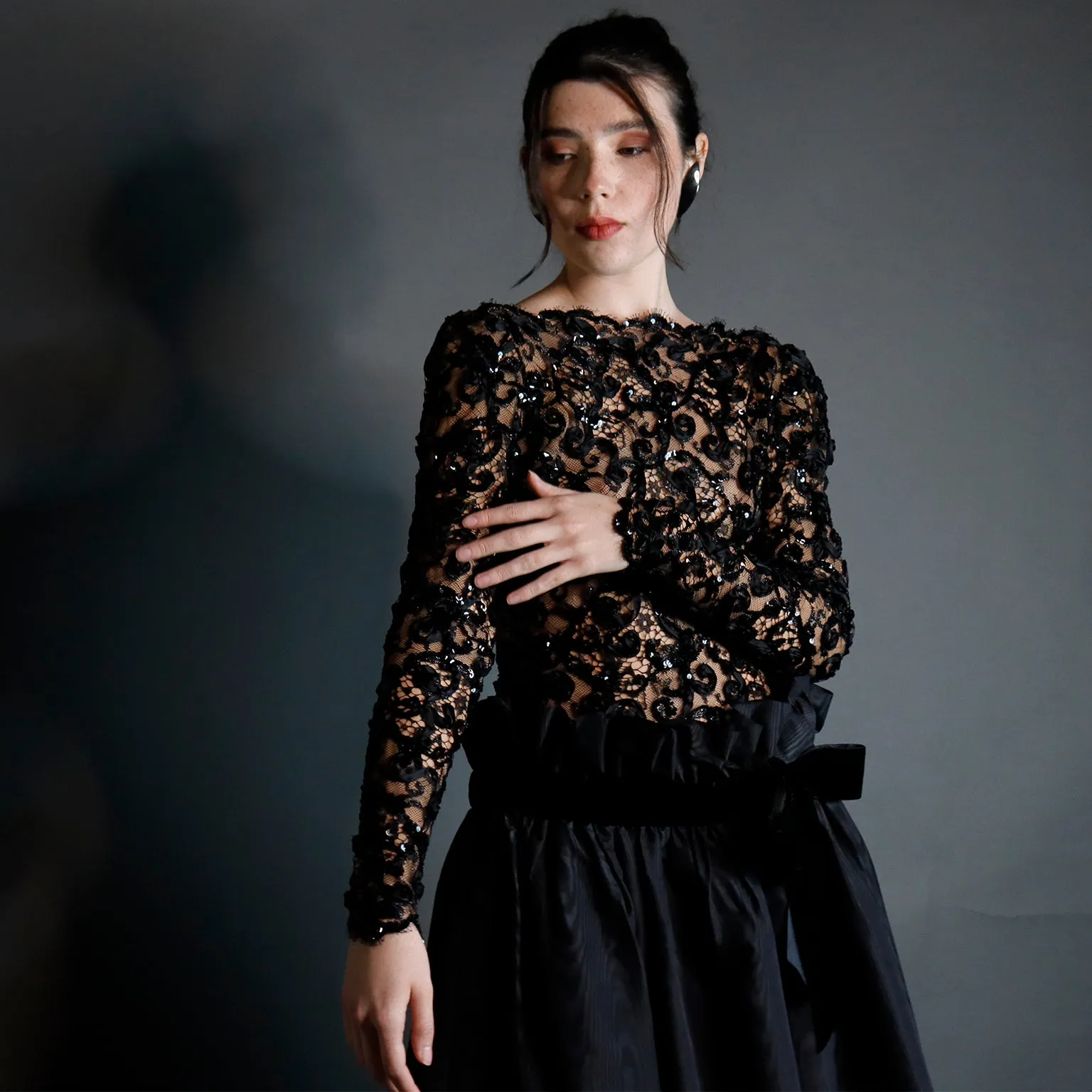 1980s Bob Mackie Black Lace & Sequins Illusion Bodice Vintage Dress w/ Paper Bag Waist