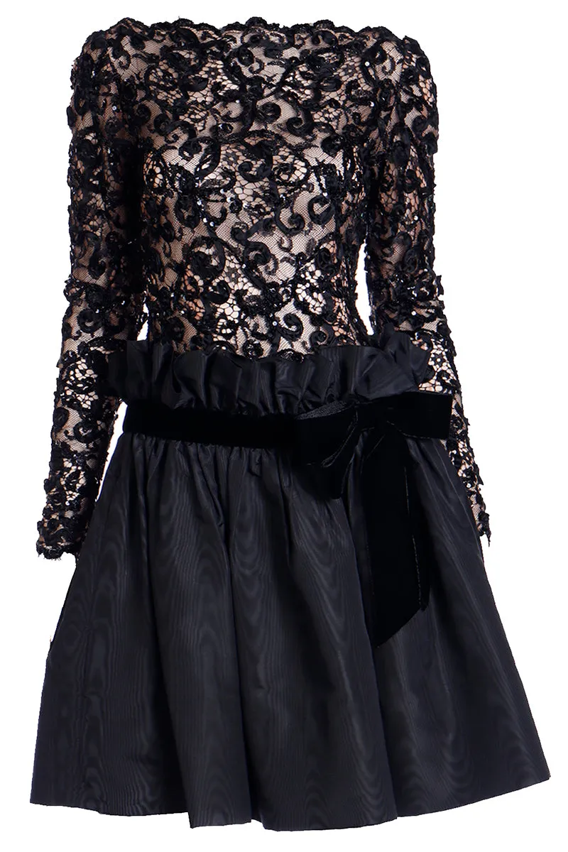 1980s Bob Mackie Black Lace & Sequins Illusion Bodice Vintage Dress w/ Paper Bag Waist