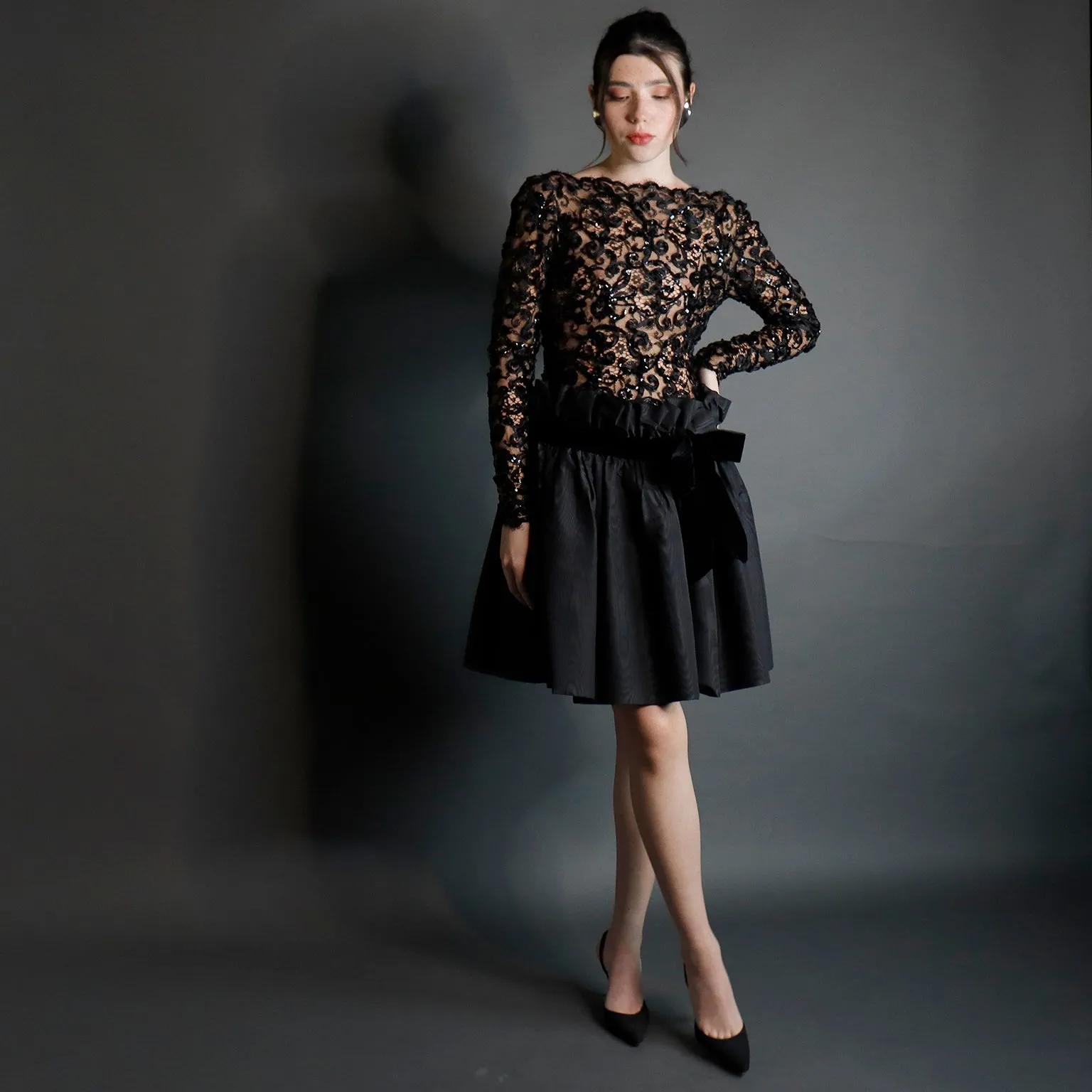 1980s Bob Mackie Black Lace & Sequins Illusion Bodice Vintage Dress w/ Paper Bag Waist