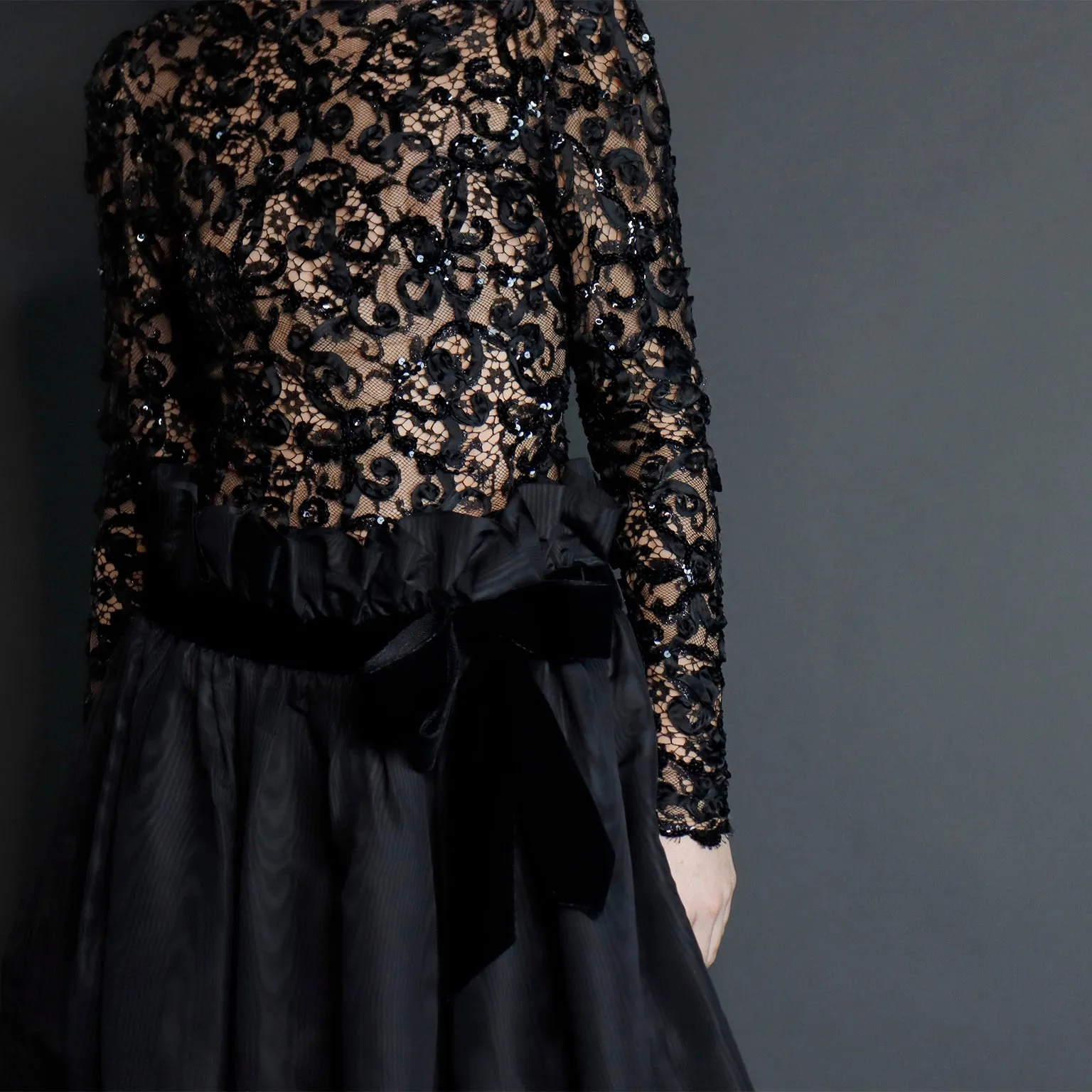 1980s Bob Mackie Black Lace & Sequins Illusion Bodice Vintage Dress w/ Paper Bag Waist