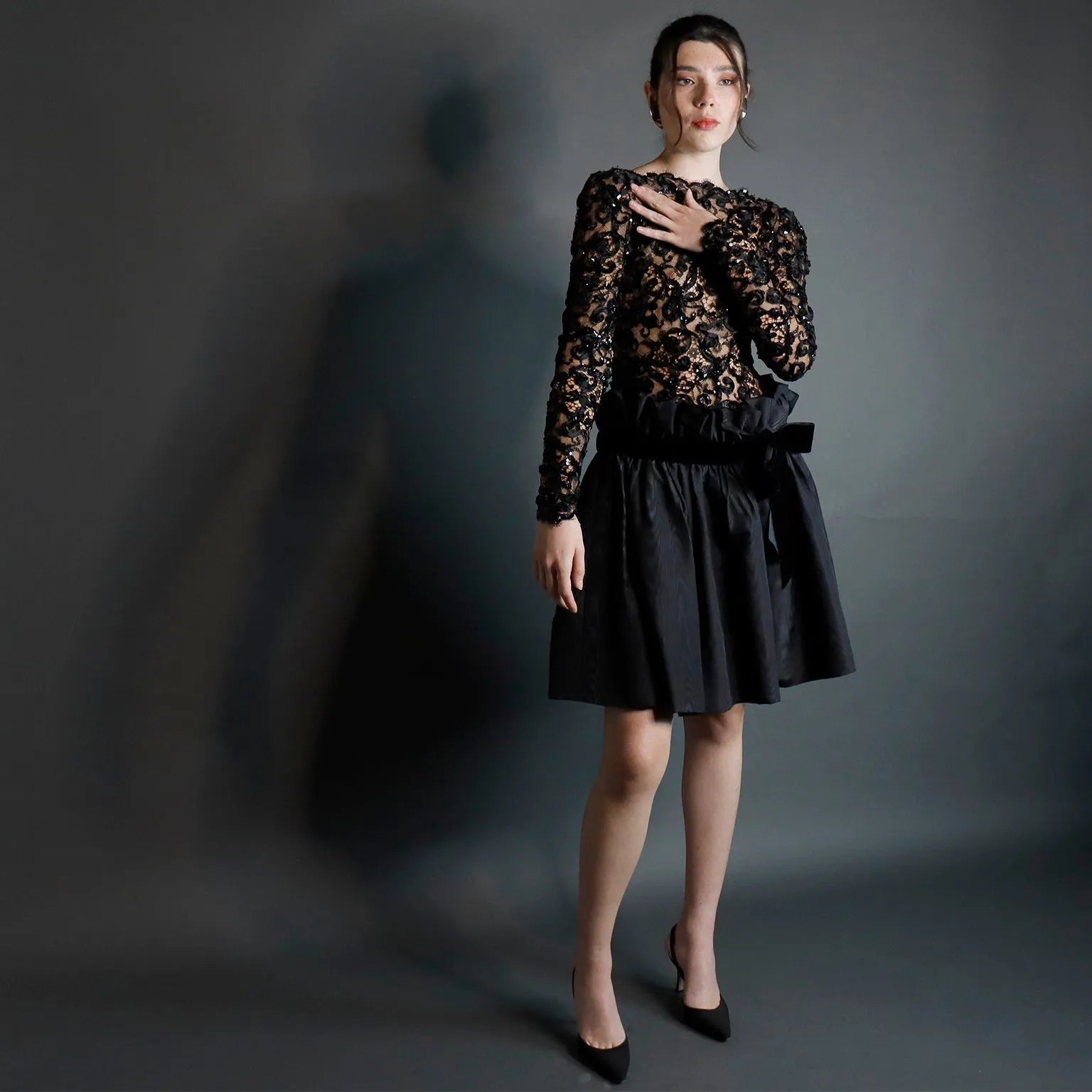 1980s Bob Mackie Black Lace & Sequins Illusion Bodice Vintage Dress w/ Paper Bag Waist