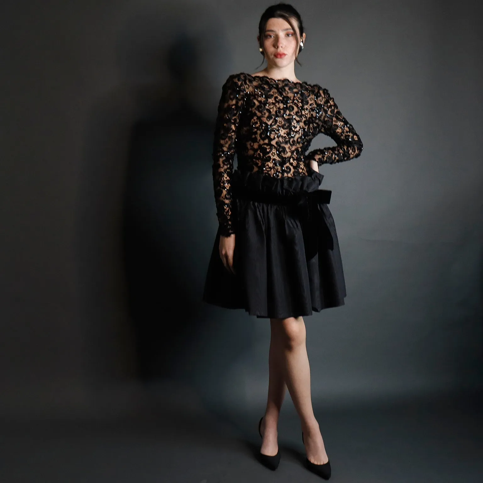 1980s Bob Mackie Black Lace & Sequins Illusion Bodice Vintage Dress w/ Paper Bag Waist