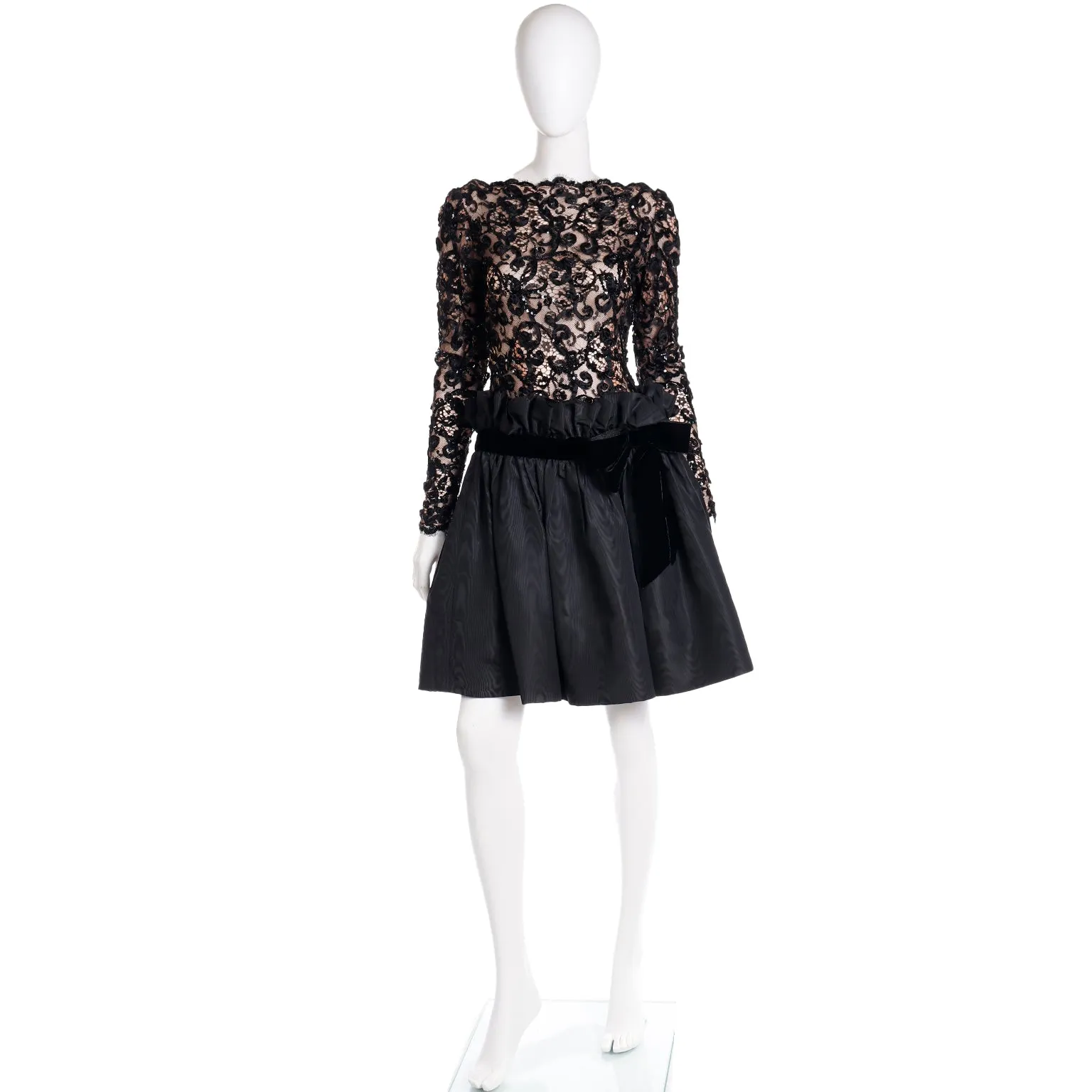 1980s Bob Mackie Black Lace & Sequins Illusion Bodice Vintage Dress w/ Paper Bag Waist