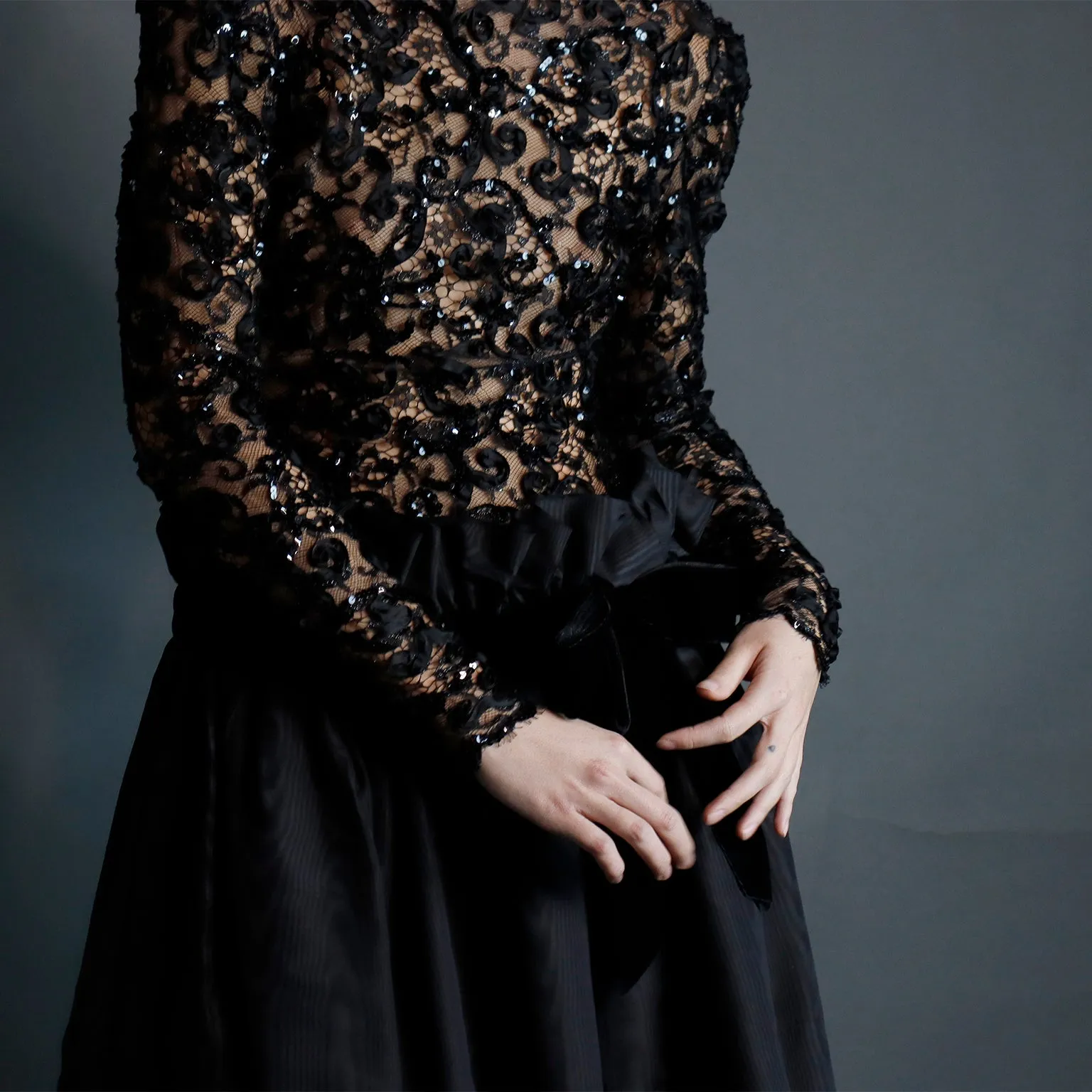 1980s Bob Mackie Black Lace & Sequins Illusion Bodice Vintage Dress w/ Paper Bag Waist