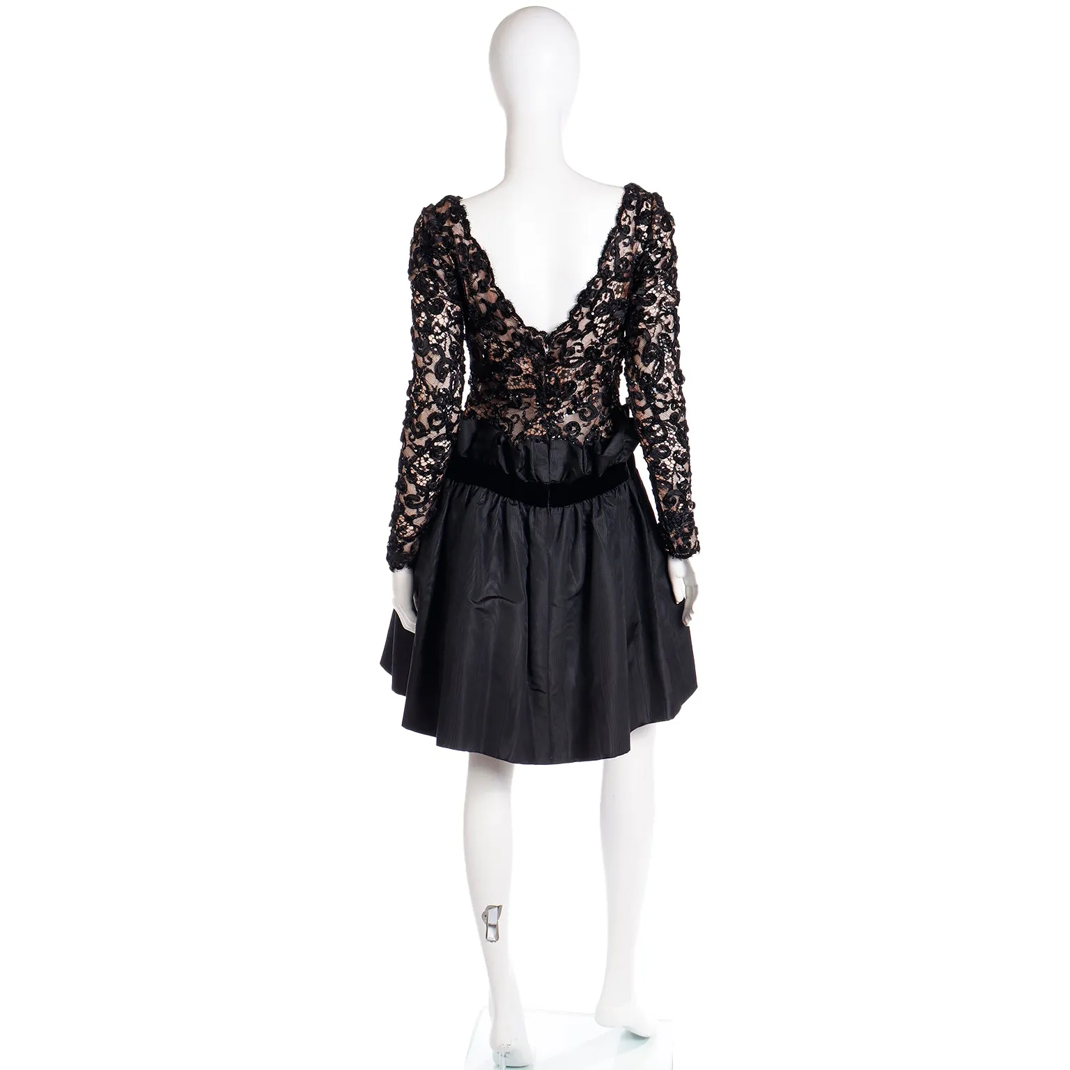1980s Bob Mackie Black Lace & Sequins Illusion Bodice Vintage Dress w/ Paper Bag Waist