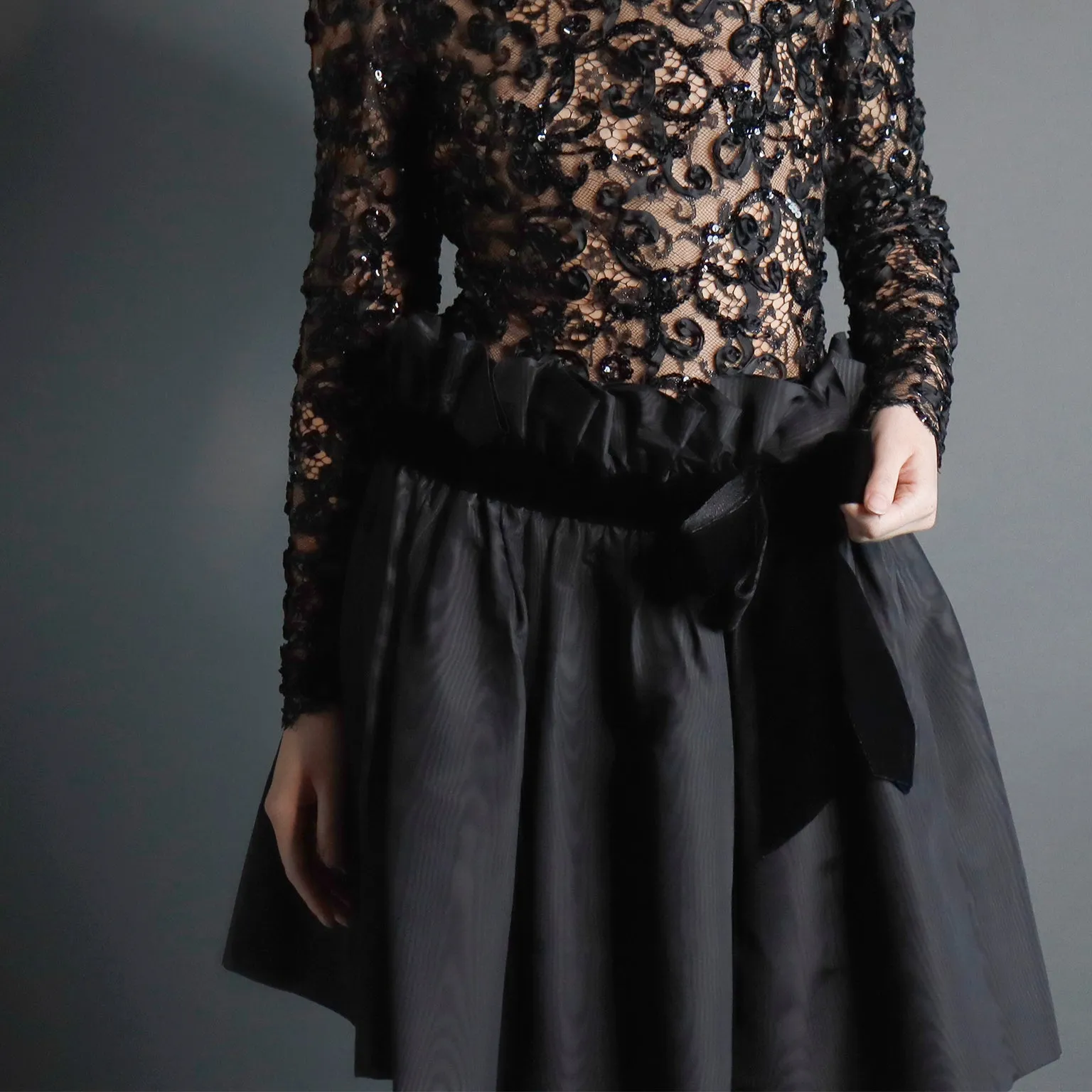 1980s Bob Mackie Black Lace & Sequins Illusion Bodice Vintage Dress w/ Paper Bag Waist