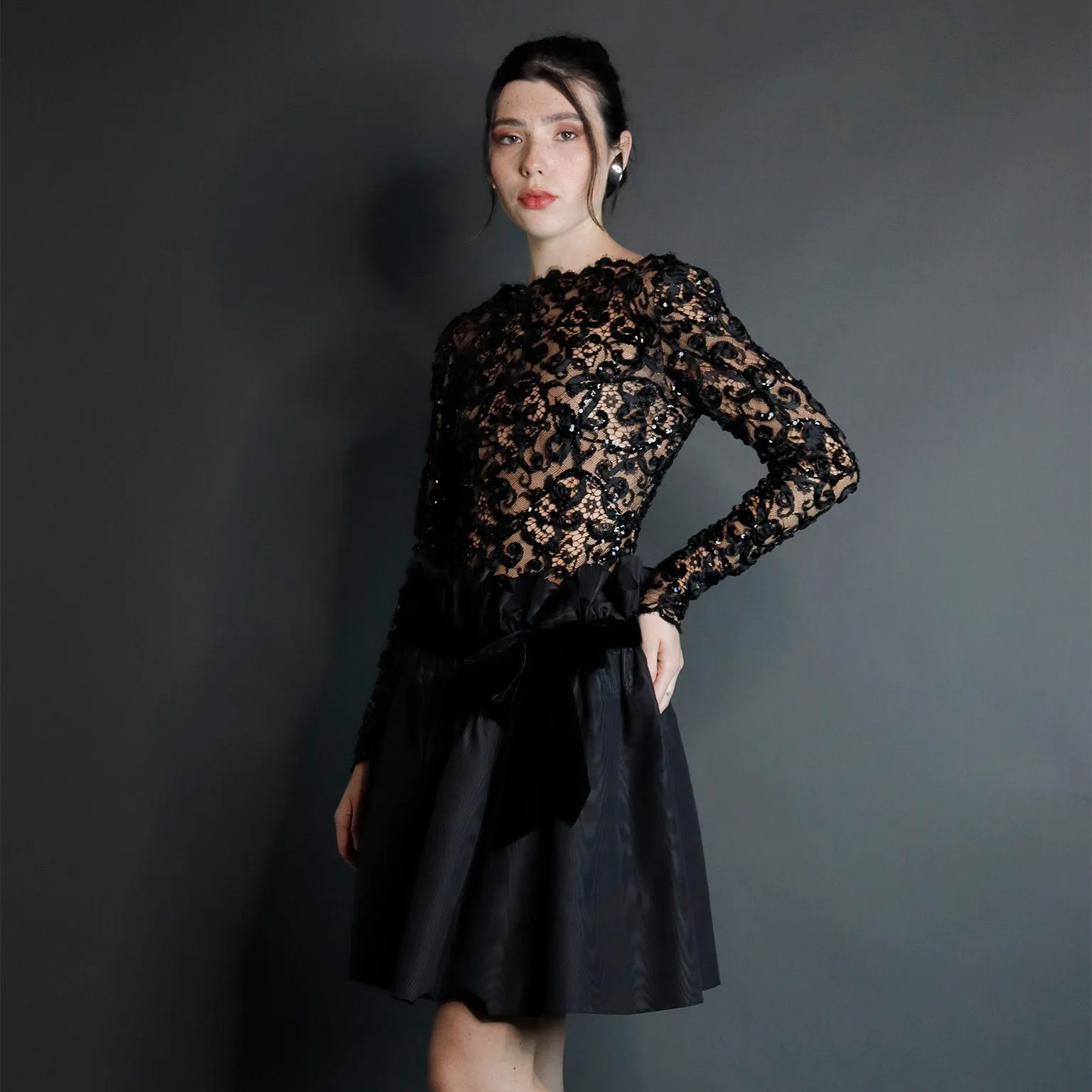 1980s Bob Mackie Black Lace & Sequins Illusion Bodice Vintage Dress w/ Paper Bag Waist