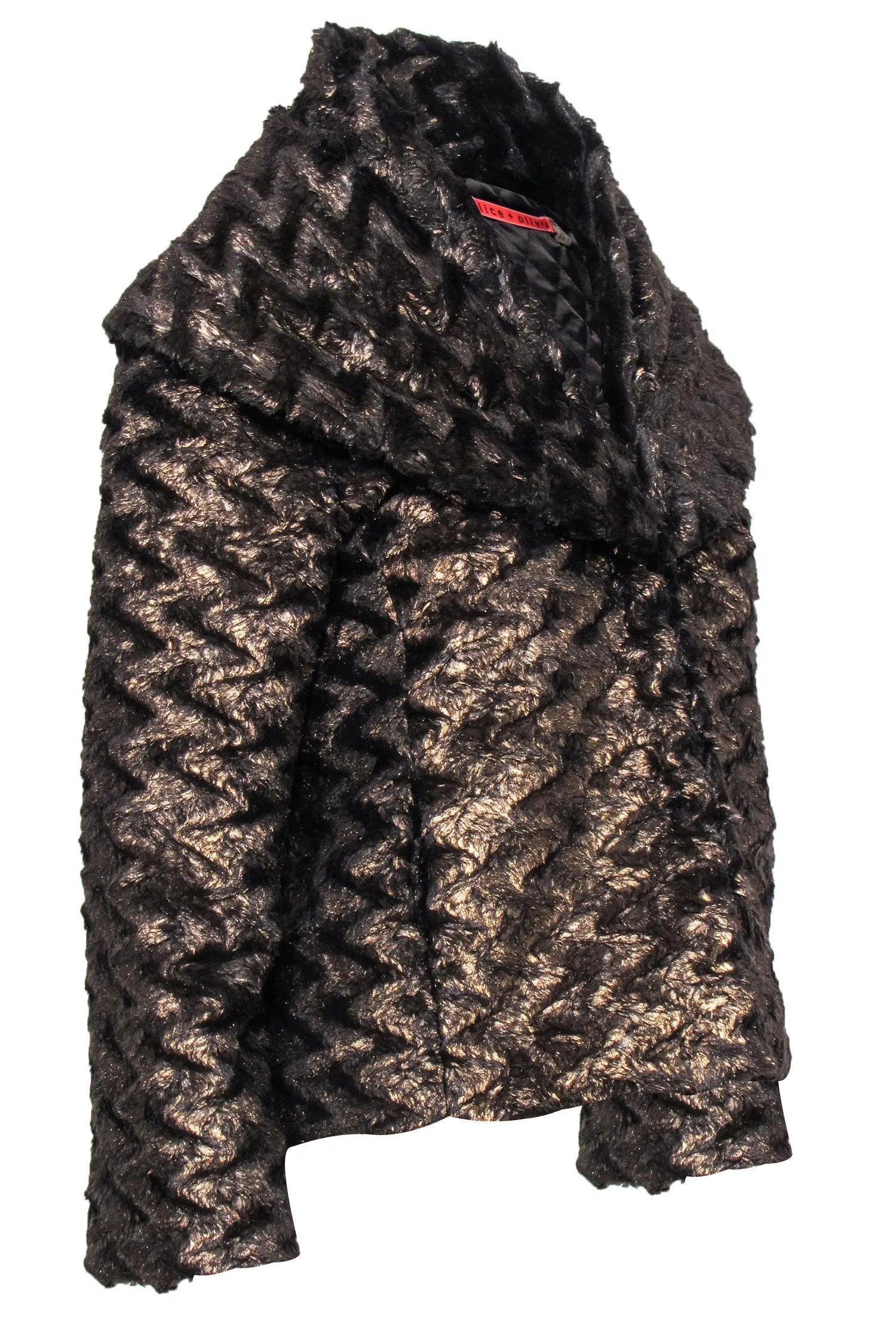 Alice & Olivia - Bronze Faux Fur Cropped Jacket w/ Long Lapels & Pockets Sz S