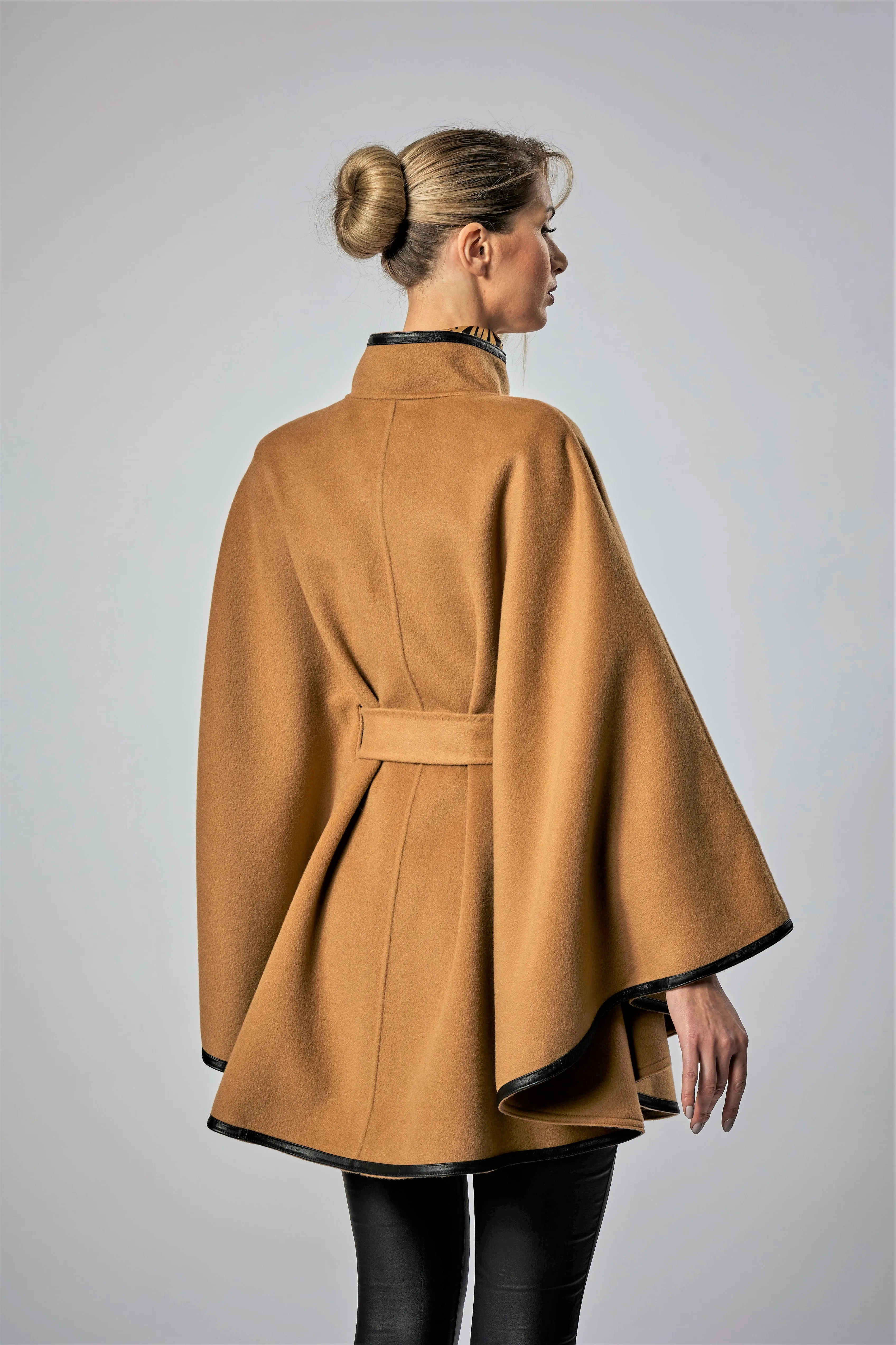 ALICE Camel Belted Cape Coat in Virgin Wool Cashmere Black Leather