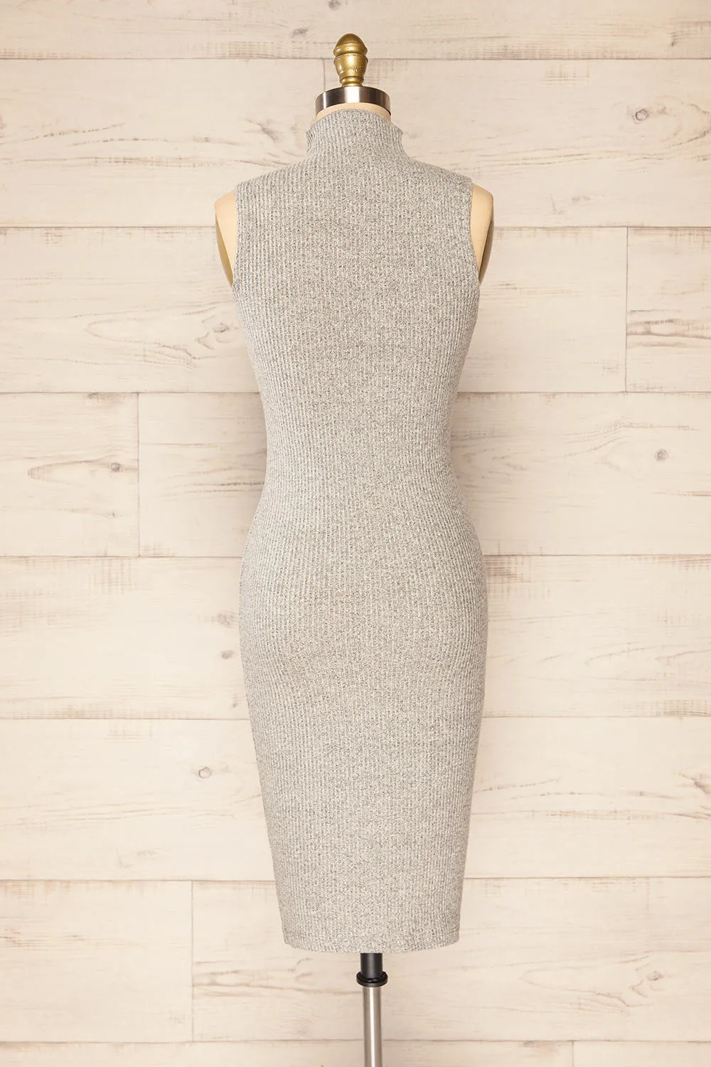Alvarus Grey | Sleeveless Fitted Midi Dress w/ Mock Neck