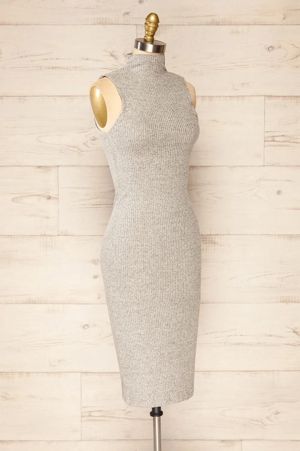 Alvarus Grey | Sleeveless Fitted Midi Dress w/ Mock Neck