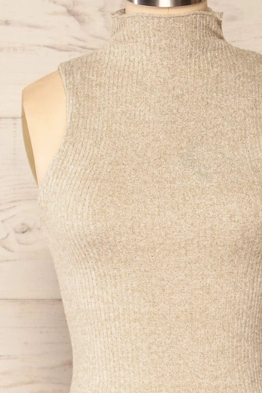 Alvarus Sand | Sleeveless Fitted Midi Dress w/ Mock Neck