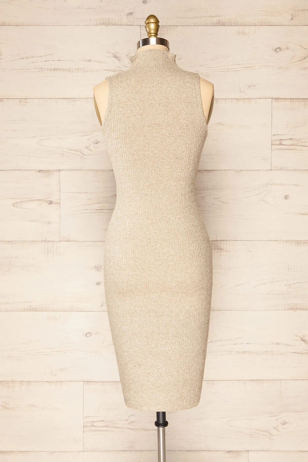 Alvarus Sand | Sleeveless Fitted Midi Dress w/ Mock Neck