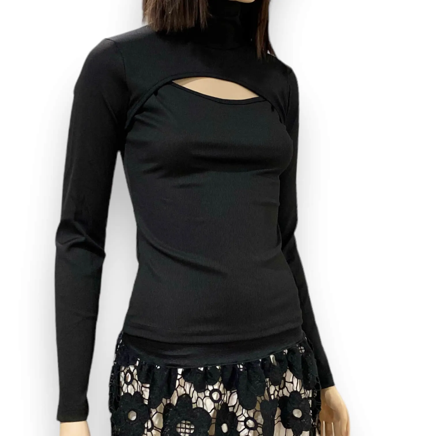 Black Mock Turtleneck Cut-Out Ribbed Long Sleeve Top