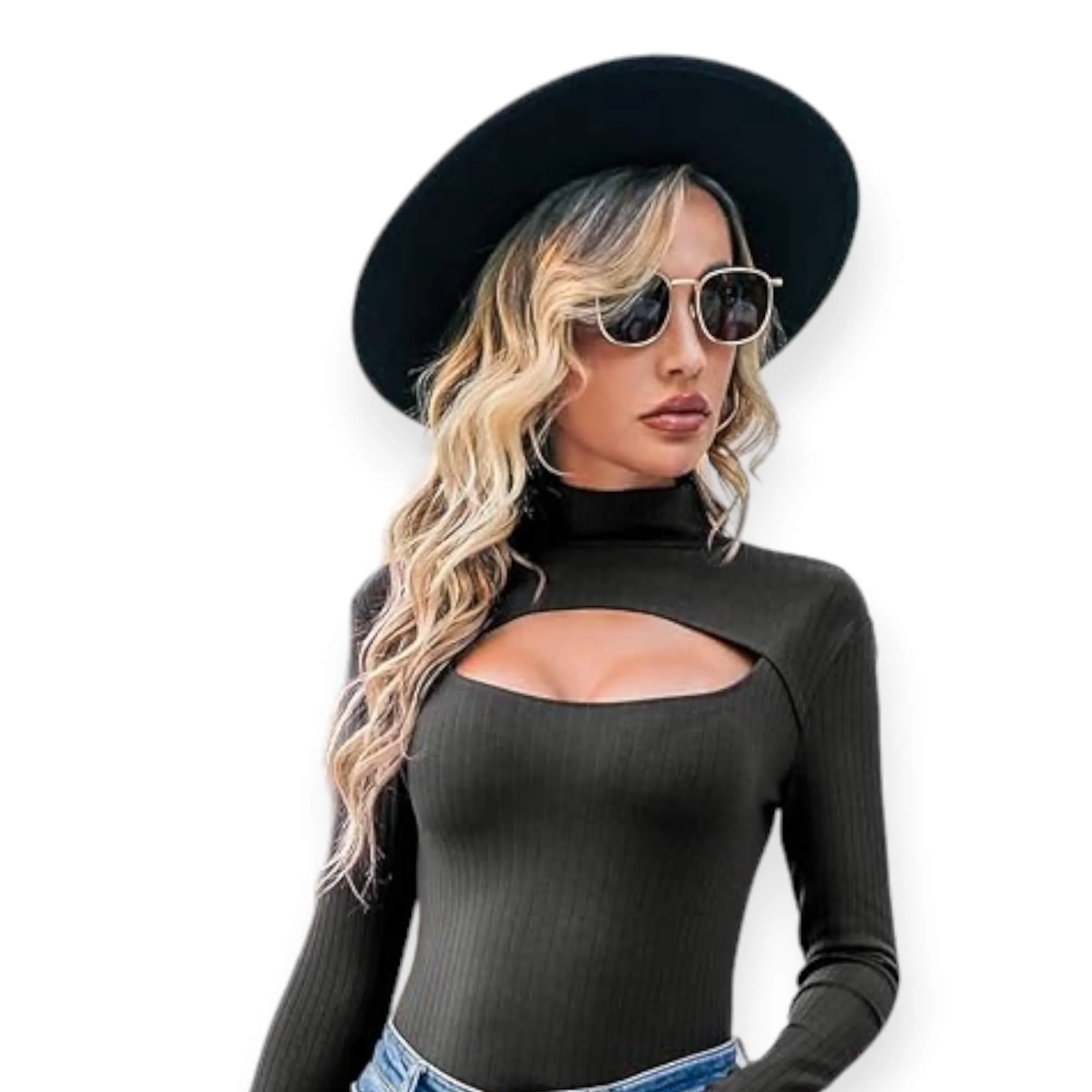 Black Mock Turtleneck Cut-Out Ribbed Long Sleeve Top