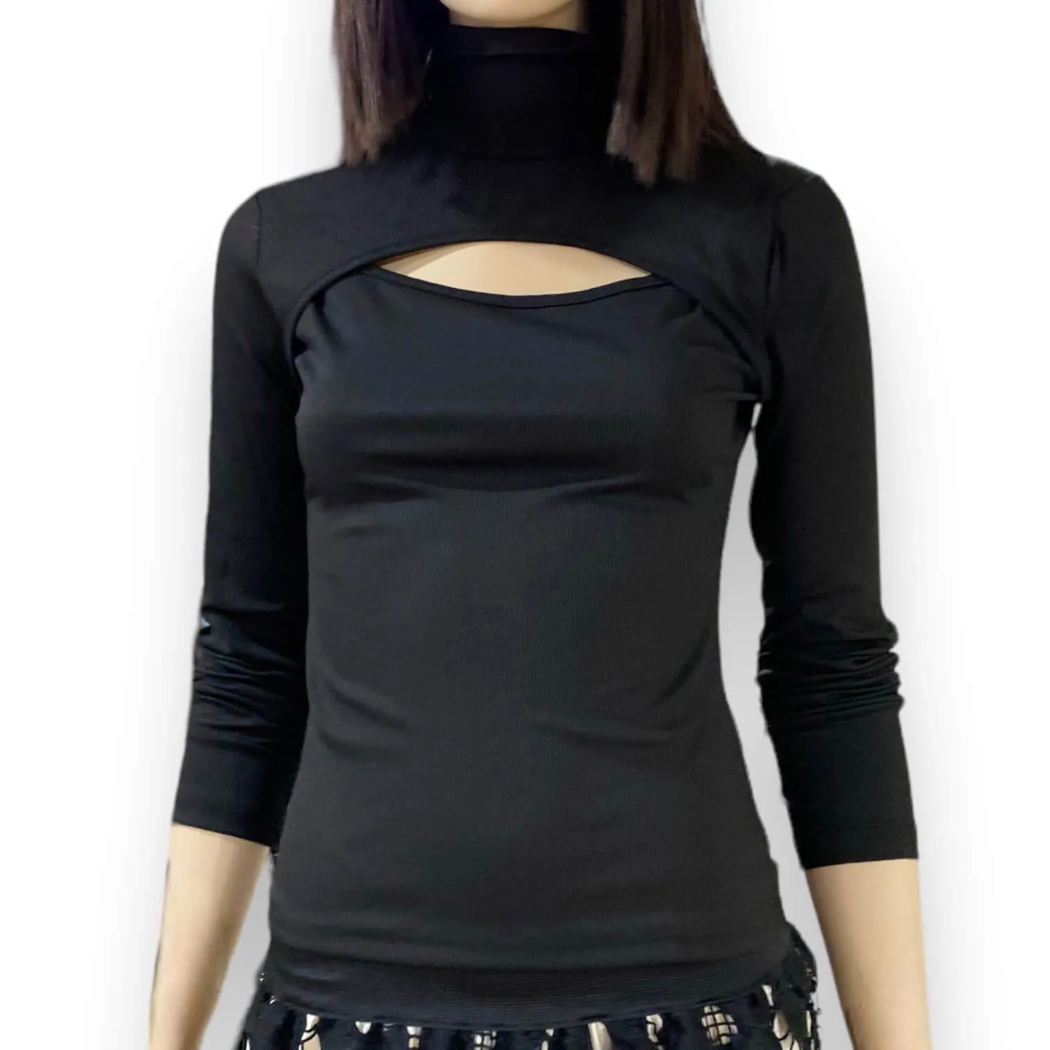 Black Mock Turtleneck Cut-Out Ribbed Long Sleeve Top