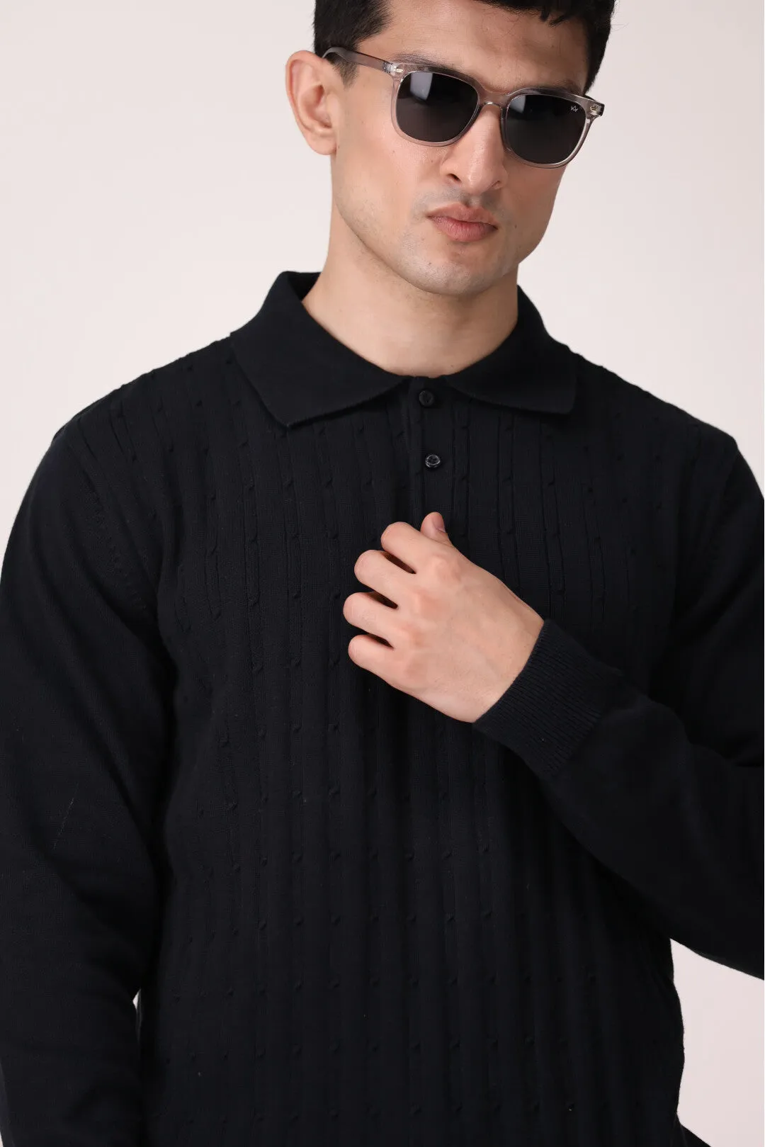 CABLE KNIT POLO SWEATER