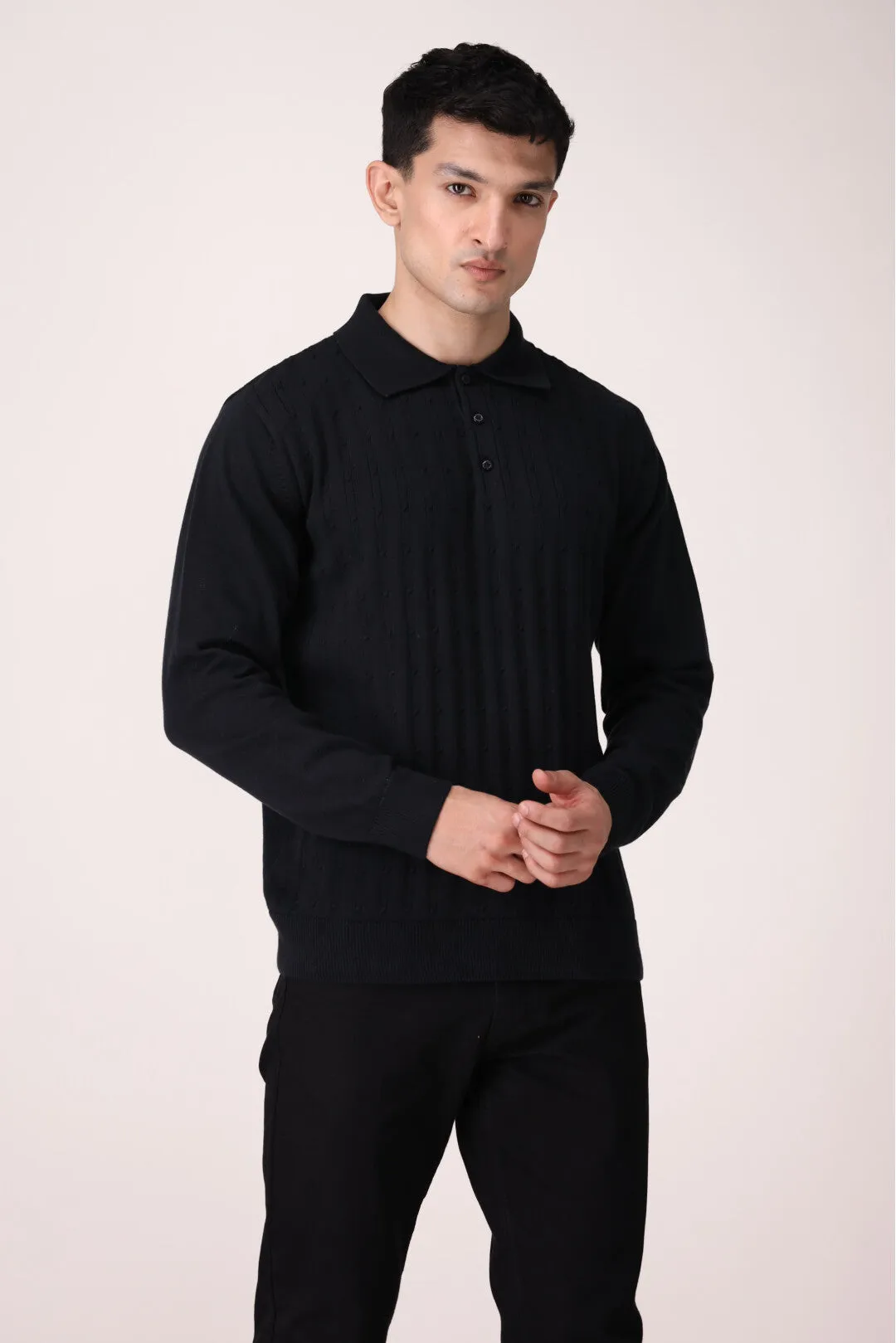 CABLE KNIT POLO SWEATER
