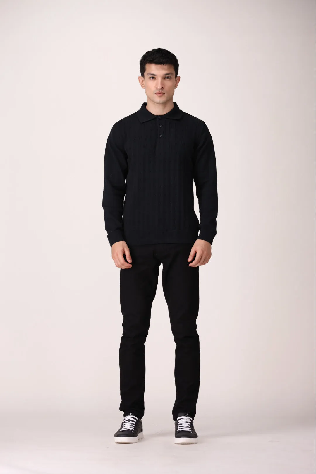 CABLE KNIT POLO SWEATER