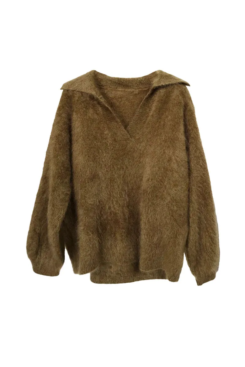 Chunky Oversized Brushed Cashmere Polo Collar Sweater