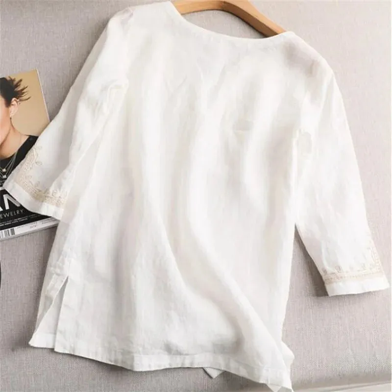 Cotton Shirt For Women Pullover 3/4 Sleeve Split Top Summer Clothes V-Neck Embroidery Loose Female Blouses White Casual Shirt