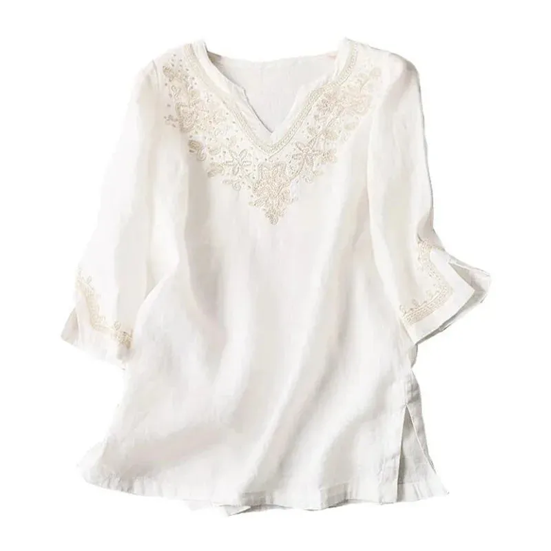 Cotton Shirt For Women Pullover 3/4 Sleeve Split Top Summer Clothes V-Neck Embroidery Loose Female Blouses White Casual Shirt