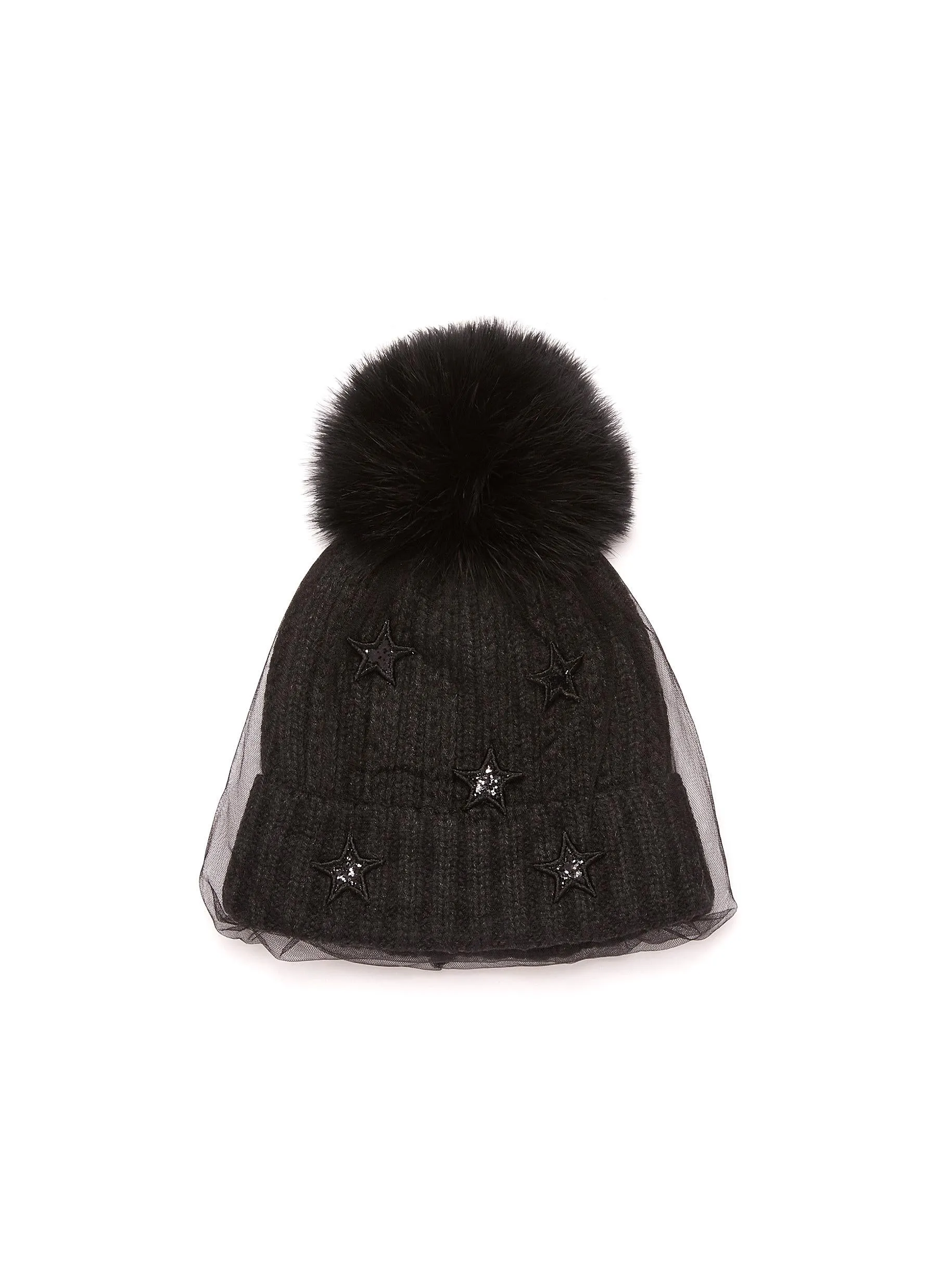 EMBELLISHED MESH VEIL POM POM BEANIE
