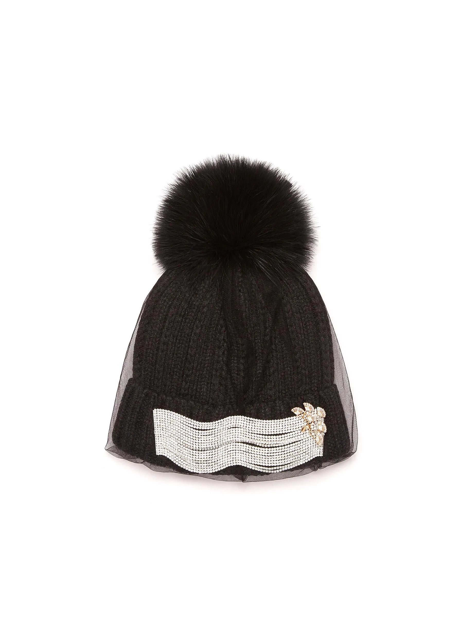 EMBELLISHED MESH VEIL POM POM BEANIE