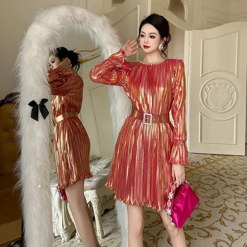 Fashionkova casual outfits 2024 Autumn Women's Clothing French-Style Diamond-Embedded Pleated Belly-Covering Flared Sleeves Dress