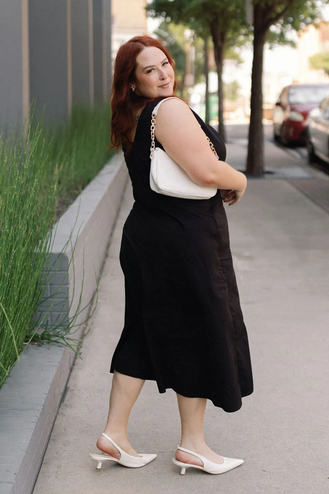 Fit & Flare Midi Dress - Square Neck Stretch Cotton, Black