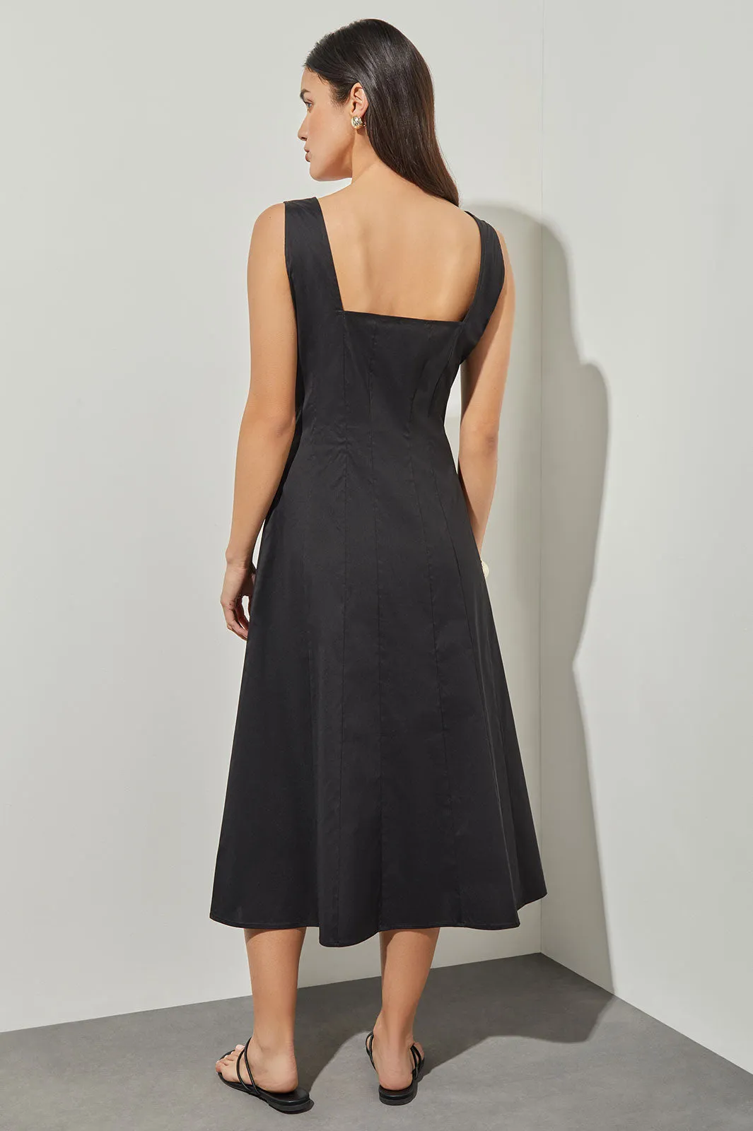 Fit & Flare Midi Dress - Square Neck Stretch Cotton, Black
