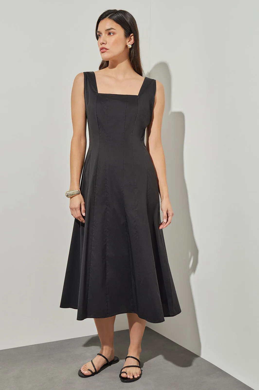 Fit & Flare Midi Dress - Square Neck Stretch Cotton, Black
