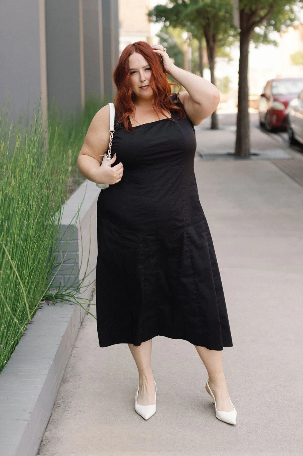 Fit & Flare Midi Dress - Square Neck Stretch Cotton, Black