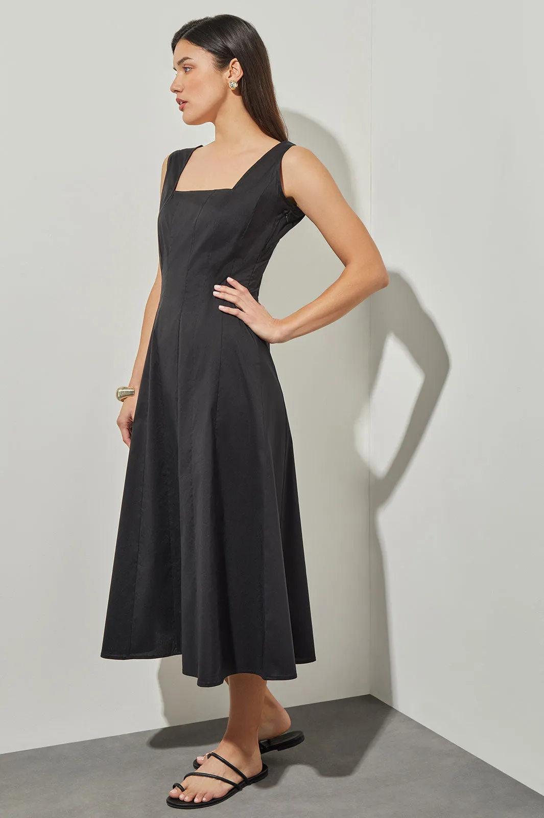 Fit & Flare Midi Dress - Square Neck Stretch Cotton, Black