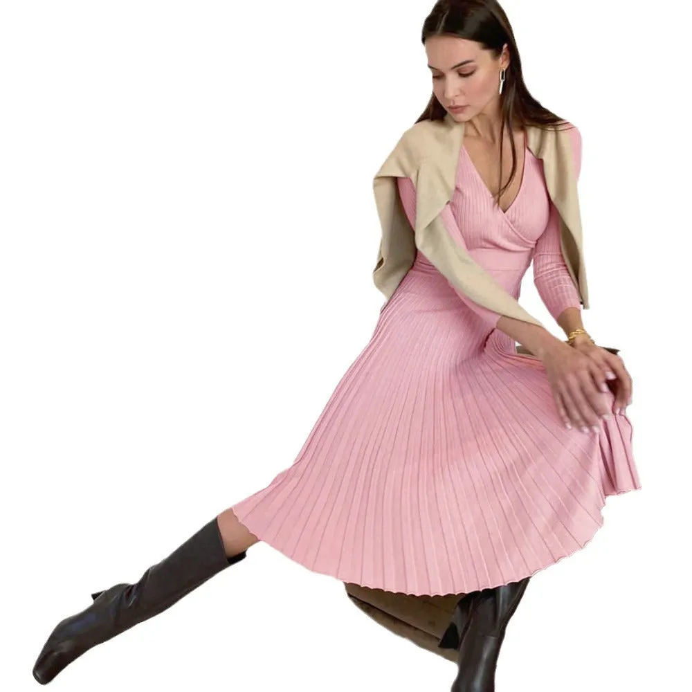 Flytonnshop winter outfits men 2024 Spring and Autumn Elegant Women's Long-Sleeved V-neck Wrapped Chest Mid-Length Knitted Pleated Dress Bottoming Skirt