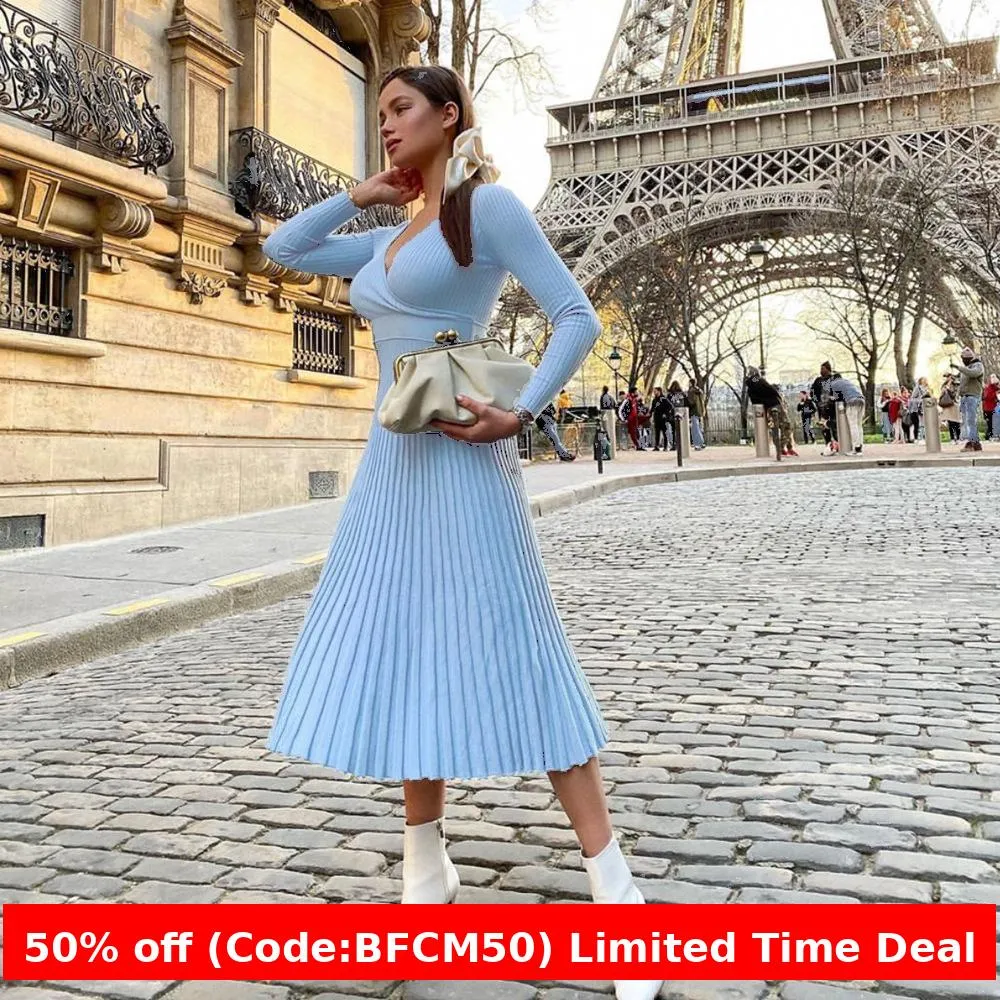 Flytonnshop winter outfits men 2024 Spring and Autumn Elegant Women's Long-Sleeved V-neck Wrapped Chest Mid-Length Knitted Pleated Dress Bottoming Skirt