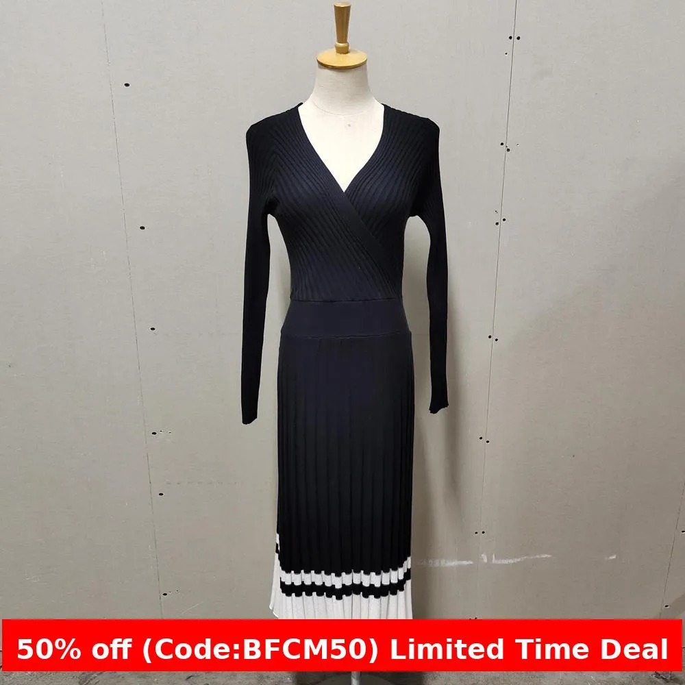 Flytonnshop winter outfits men 2024 Spring and Autumn Elegant Women's Long-Sleeved V-neck Wrapped Chest Mid-Length Knitted Pleated Dress Bottoming Skirt