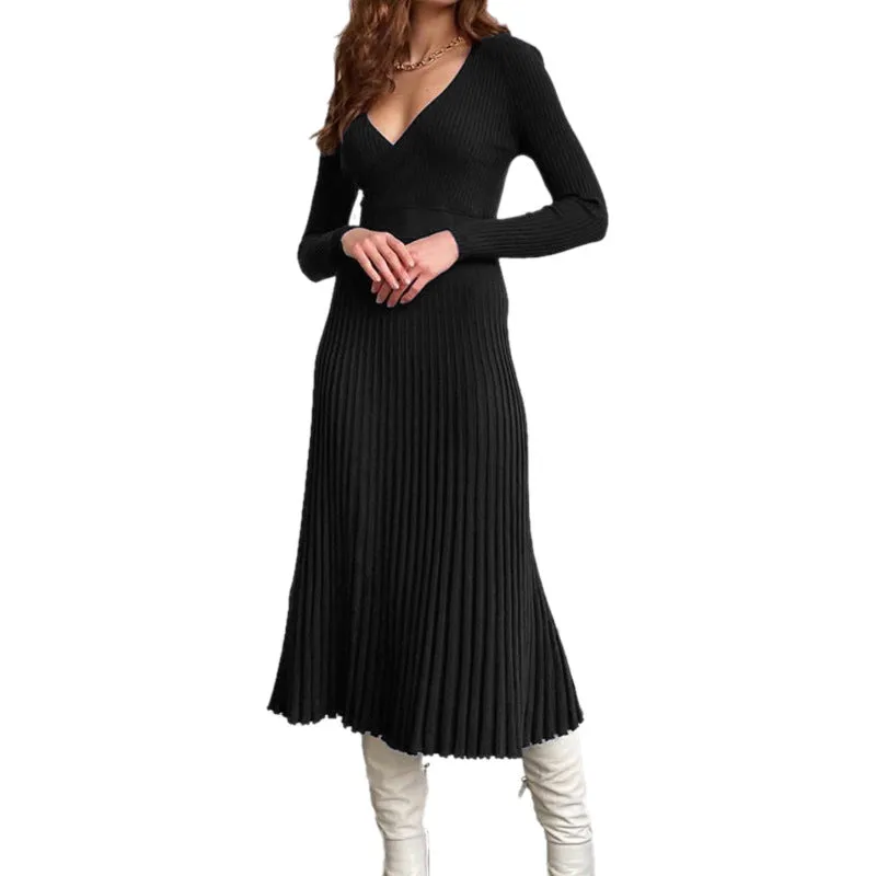 Flytonnshop winter outfits men 2024 Spring and Autumn Elegant Women's Long-Sleeved V-neck Wrapped Chest Mid-Length Knitted Pleated Dress Bottoming Skirt
