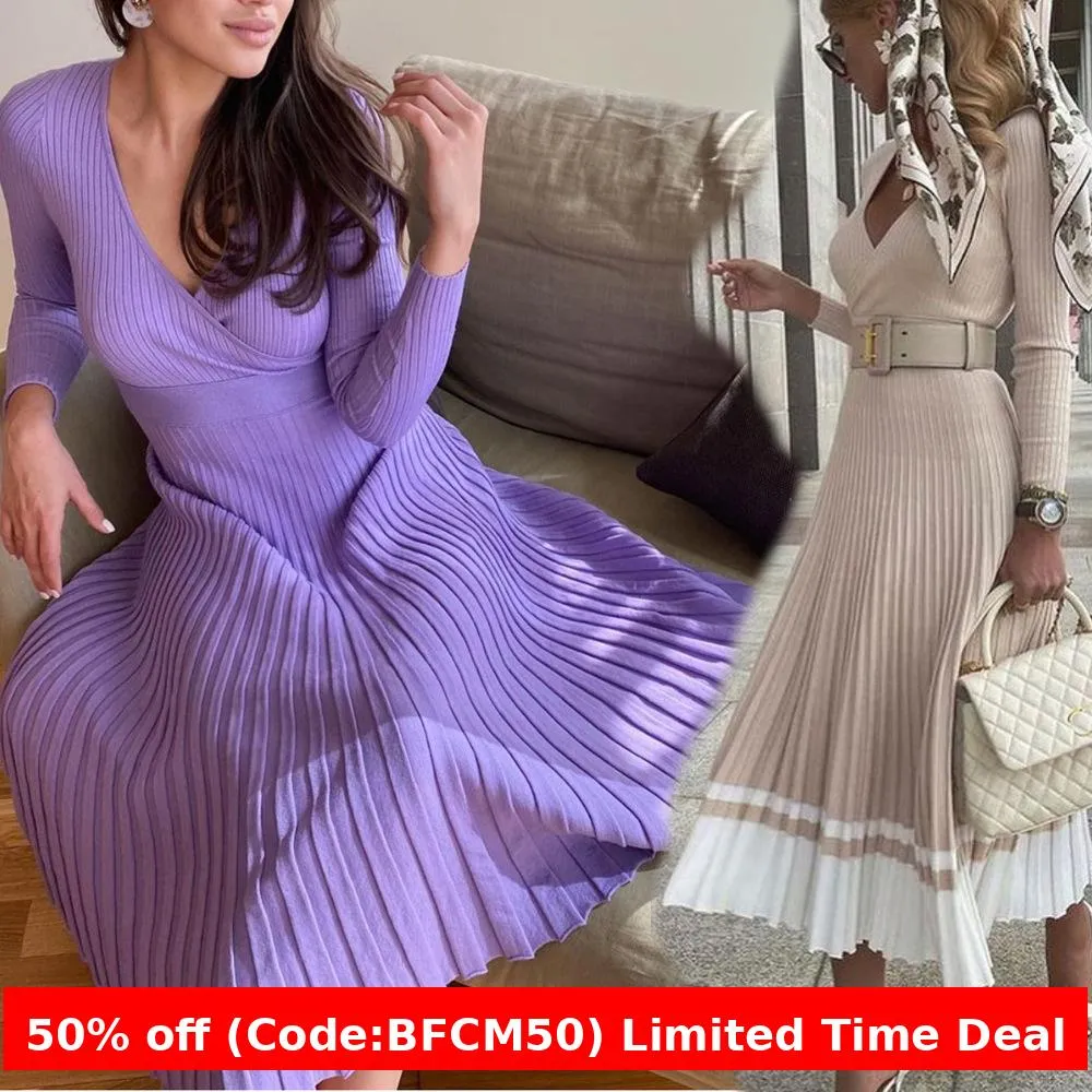 Flytonnshop winter outfits men 2024 Spring and Autumn Elegant Women's Long-Sleeved V-neck Wrapped Chest Mid-Length Knitted Pleated Dress Bottoming Skirt