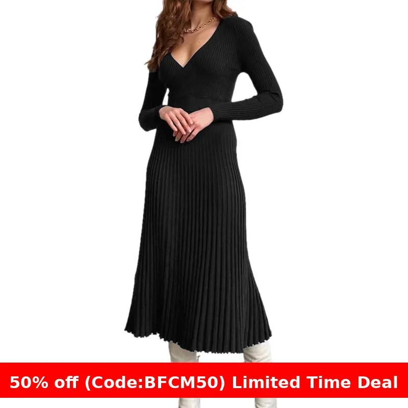 Flytonnshop winter outfits men 2024 Spring and Autumn Elegant Women's Long-Sleeved V-neck Wrapped Chest Mid-Length Knitted Pleated Dress Bottoming Skirt