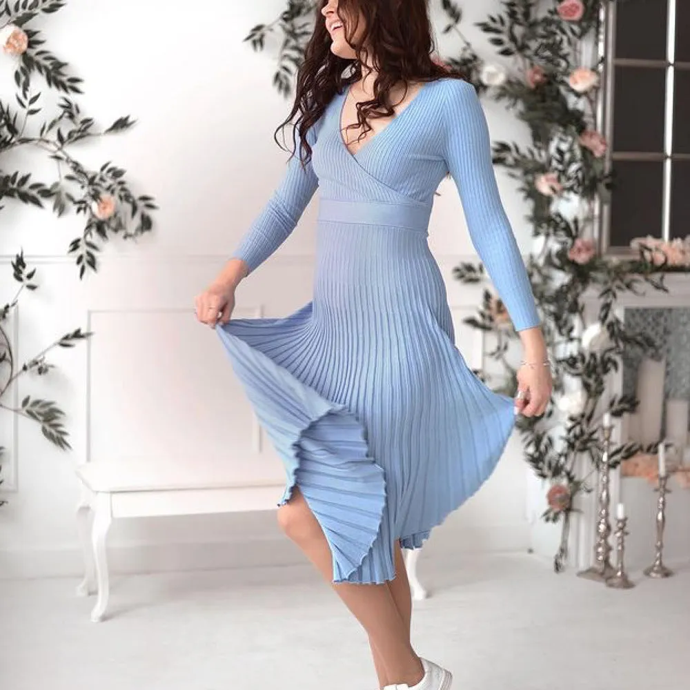 Flytonnshop winter outfits men 2024 Spring and Autumn Elegant Women's Long-Sleeved V-neck Wrapped Chest Mid-Length Knitted Pleated Dress Bottoming Skirt